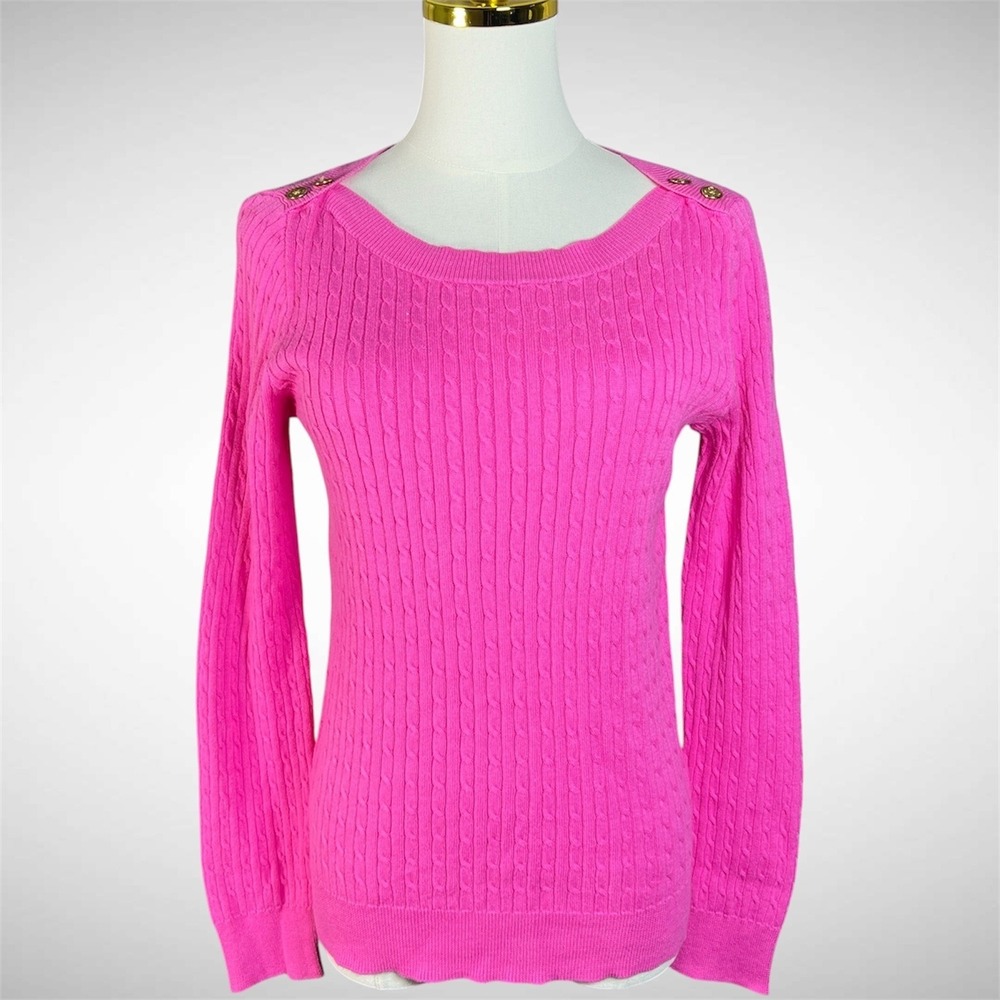 Lauren Ralph Lauren Petite Cable Knit Sweater Crew Neck Button Detail pink M